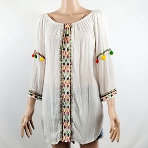 Anandas Collection Cream/White Embroidered & Embellished Sheer Top Sz M
